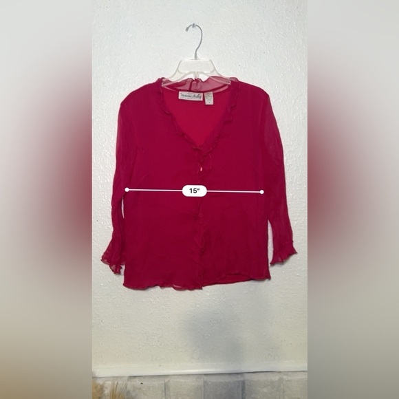 Victoria Holly vintage 90s pink silk button up blouse with ruffle top - Picture 4 of 6